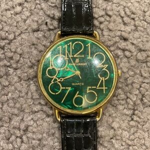 Marie Lourdes Vintage Black Croc Leather Large Green Face Gold Tone Watch Y2K
